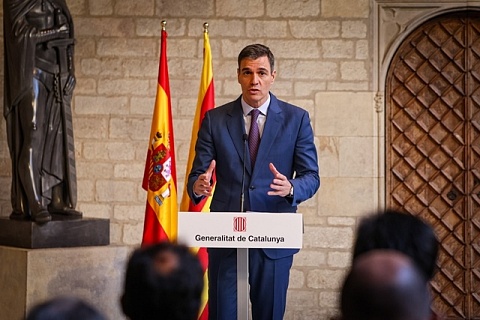 El president del govern espanyol, Pedro Sánchez, al Palau de la Generalitat en roda de premsa, després d'haver-se reunit amb el president de la Generalitat, Pere Aragonès