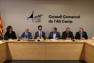El conseller de Polítiques Digitals i Administració Pública, Jordi Puigneró, en la reunió amb els alcaldes de l’Alt Camp per explicar el projecte de desplegament de la fibra òptica a la comarca, el 30 de gener del 2020