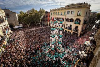 L&#039;enxaneta dels Castellers de Vilafranca fent la primera de les tres aletes de l&#039;inèdit 9 de 9 amb folre per Tots Sants